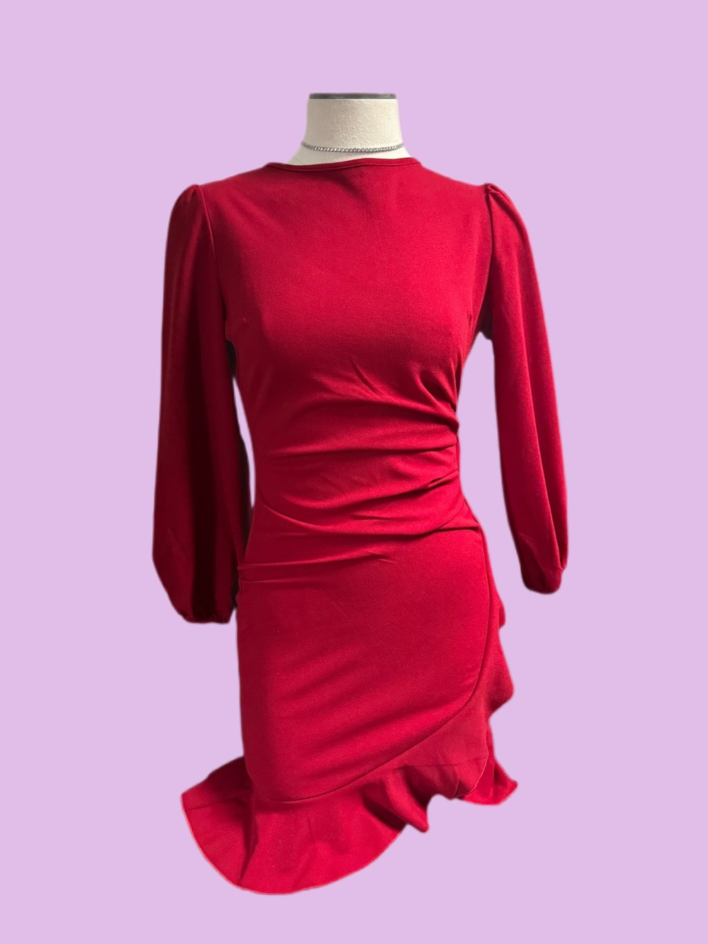 Red Long-Sleeve Mini Dress with Ruffle Hem